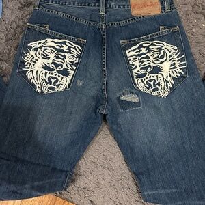 VINTAGE Ed Hardy Blue Jeans with White Tiger Design